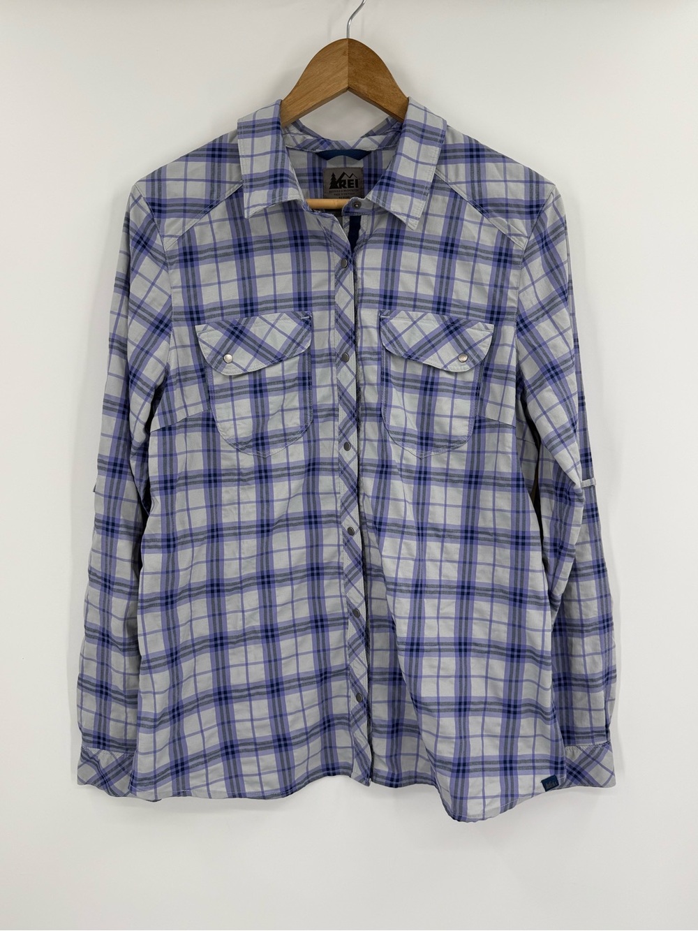 REI Womens Plaid Snap Western Hiking Shirt | Purple Gray | Large